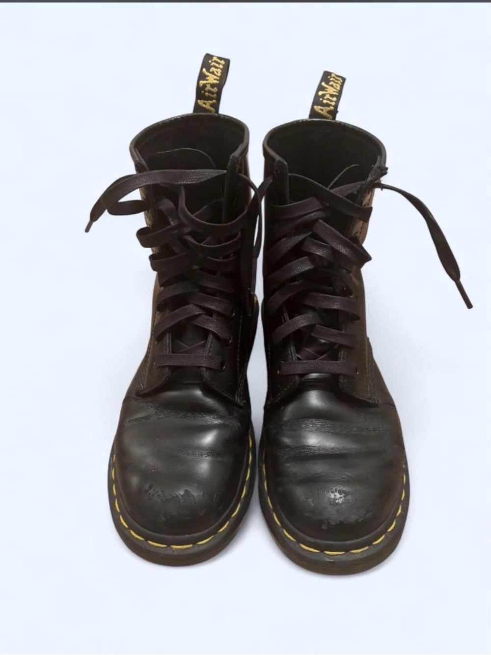 Dr. Martens Black Leather Lace-Up Boots with Yellow Stitching